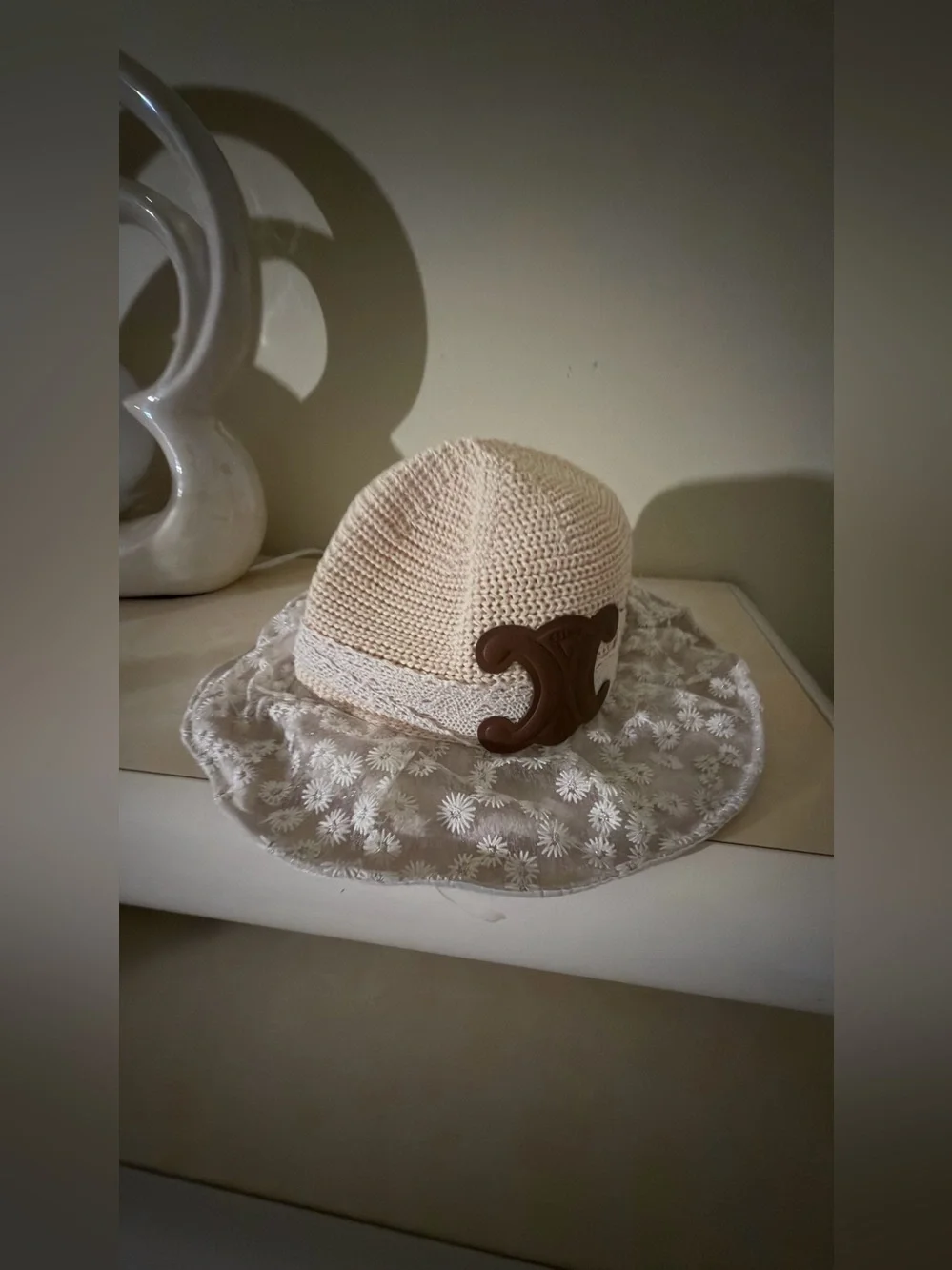 Beige Floral Lace Sun Hat with Brown Accent